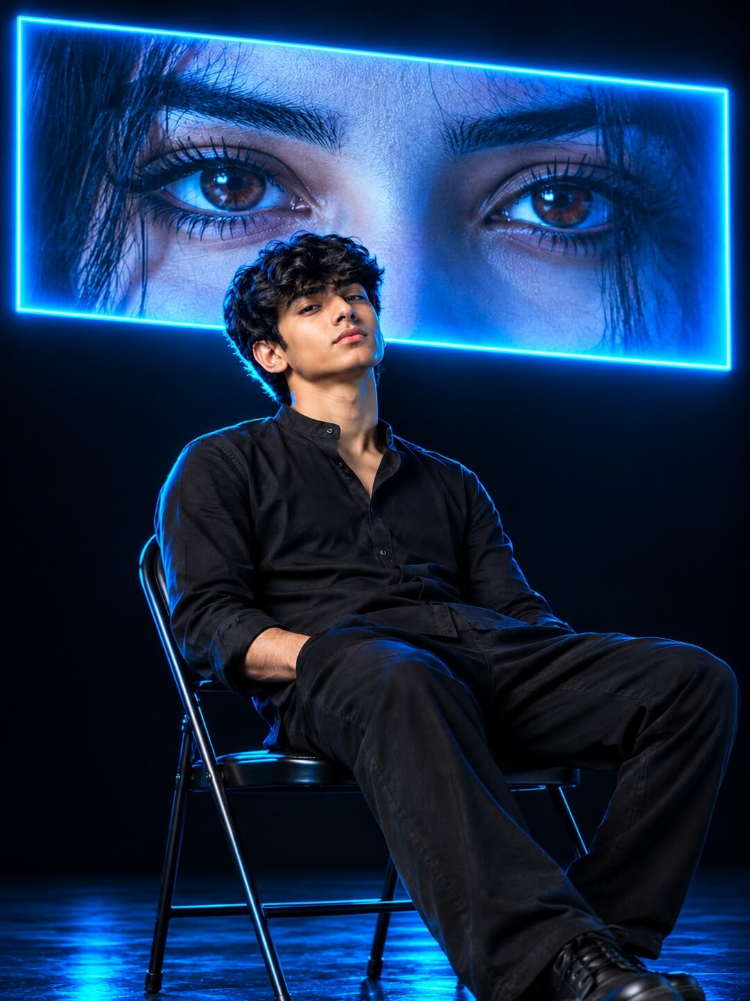 Blue neon aesthetic portrait prompt result - glowing screen with eyes close-up