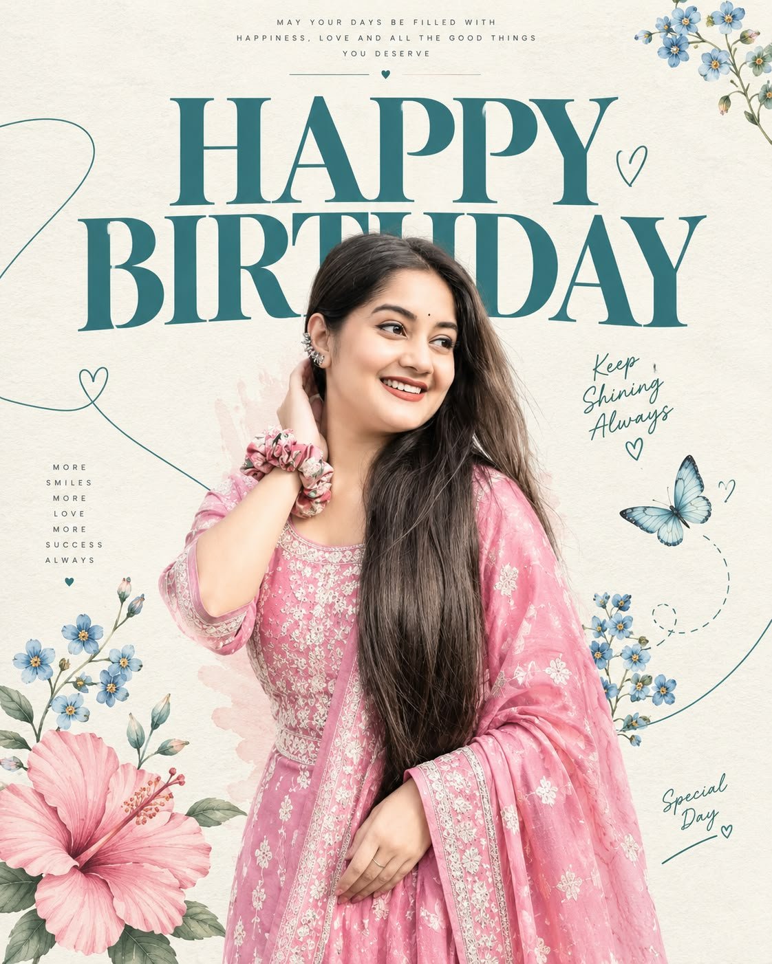 Birthday poster prompt result - teal Happy Birthday typography with pastel flowers and butterfly