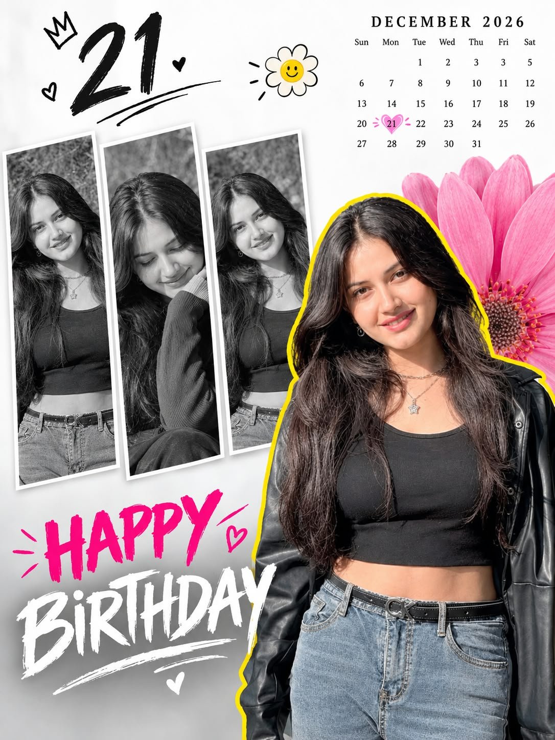 Birthday poster prompt result - scrapbook collage with December 2026 calendar and pink flower