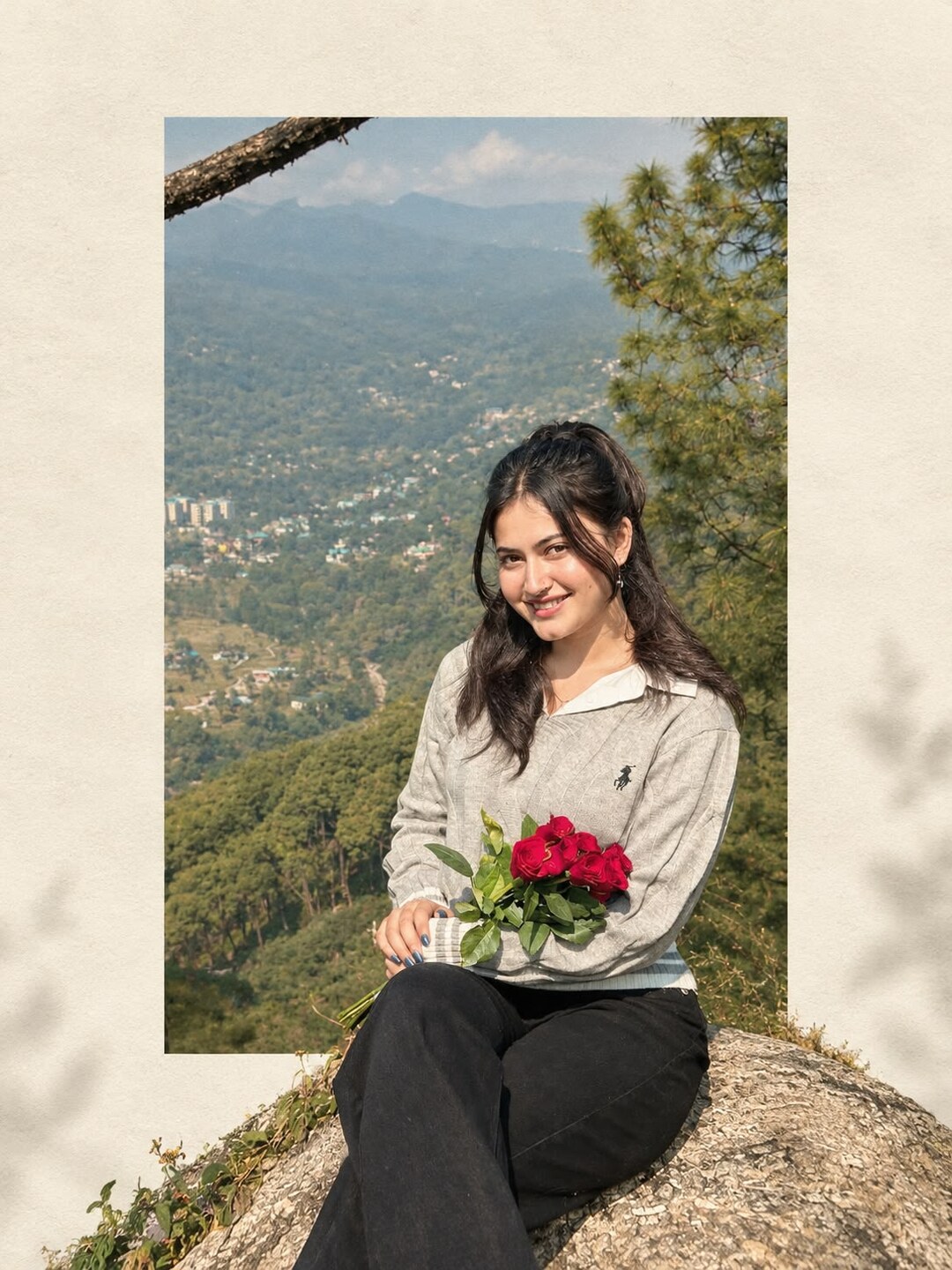 Minimalist collage photo prompt result - girl sitting on a rock with mountain view inside an ivory editorial frame
