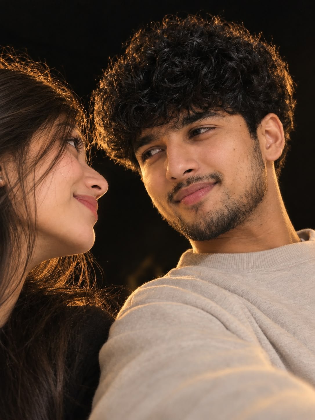 Romantic couple photo prompt result - low-angle golden light close-up at night