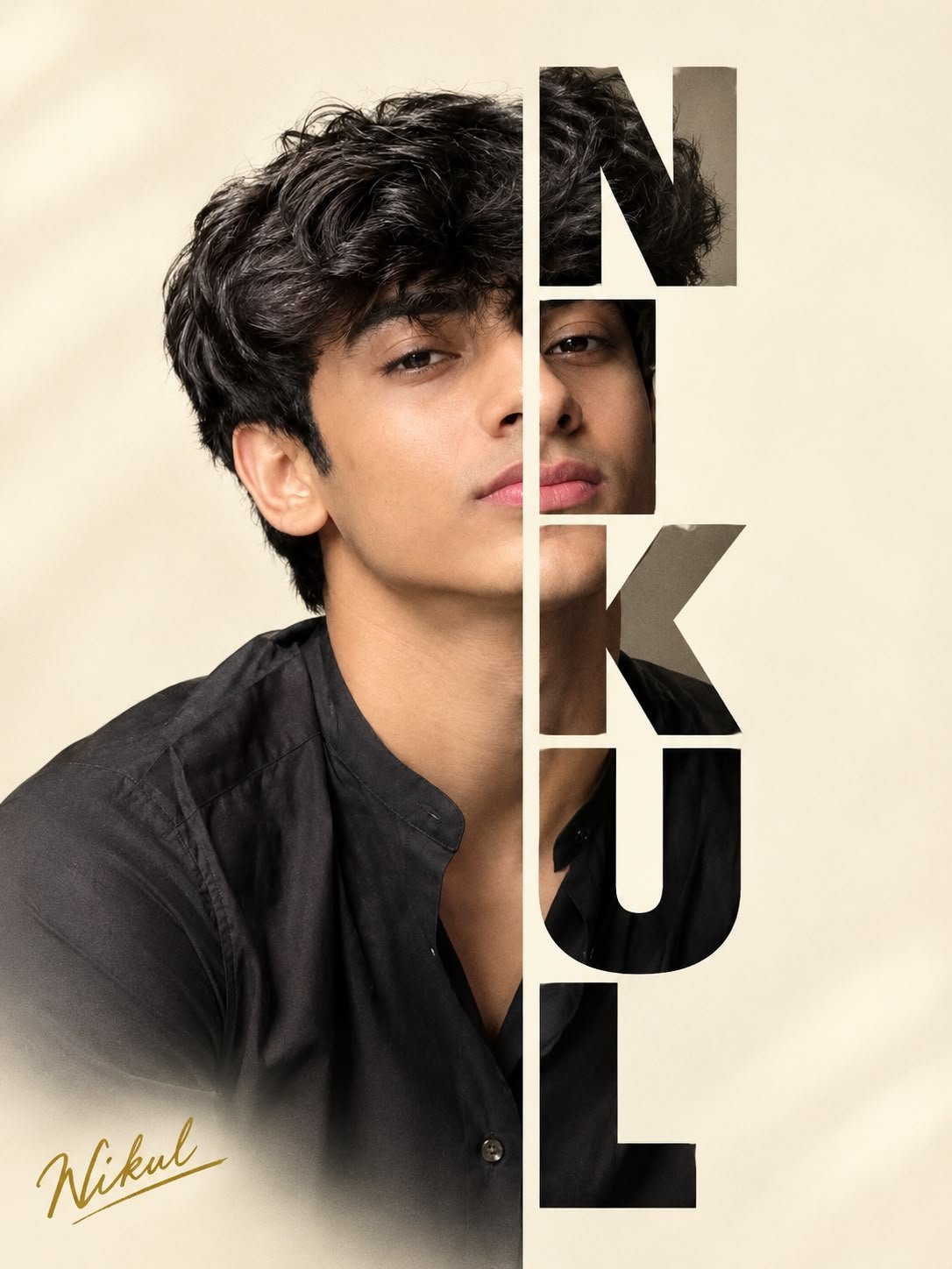 Typography photo editing prompt result - half face portrait with the name NIKUL in vertical letters
