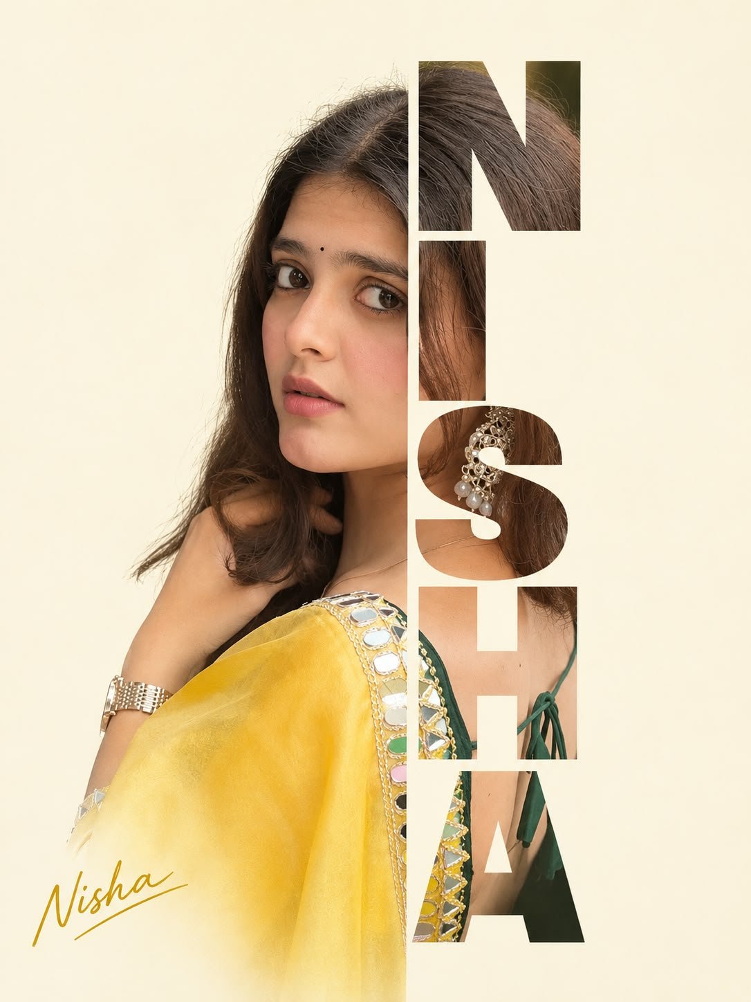 Typography photo editing prompt result - half face portrait with the name NISHA in vertical letters